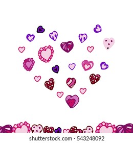 Lilac pink hand drawn hearts valentine day card vector illustration. Doodle.