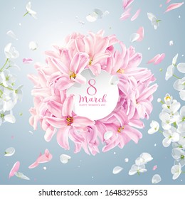 Lilac and Pink Hyacinth, Chrysanthemums and white Apple blossom with flying petals and paper label for 8 March. Flower vector greeting card in watercolor style with lettering design