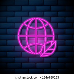 Lilac pink neon sign on brick wall Eco planet icon, mockup save planet logo
