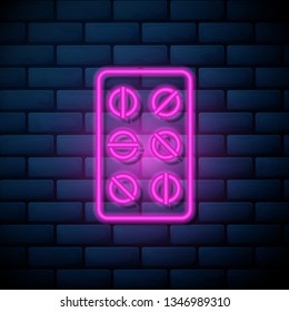 Lilac pink neon sign on brick wall Pills vector icon. Medical and HealthCare Symbol