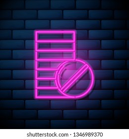 Lilac pink neon sign on brick wall Pills vector icon. Medical and HealthCare Symbol