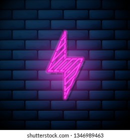 Lilac pink neon sign on brick wall Lightning icon vector. Energy concept