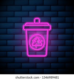 Lilac pink neon sign on brick wall Thrash and recycling can. Garbage container set. Wheeled dumpster.