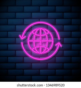 Lilac pink neon sign on brick wall Clean the world of pollution and garbage: concept of planet earth and mop cleaning it