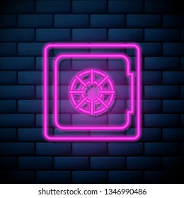 Lilac pink neon sign on brick wall Money safe vector icon. Security concept