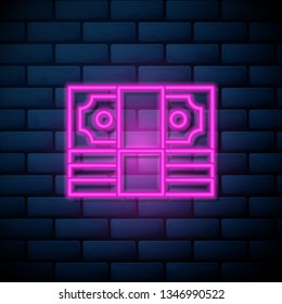 Lilac pink neon sign on brick wall Simple Money icon. Universal cash icon.