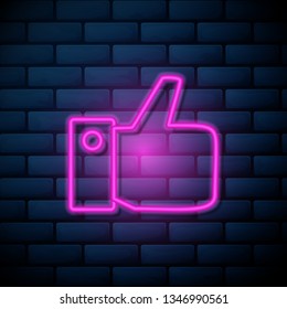 Lilac pink neon sign on brick wall Like hand icon. Like Symbol