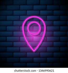 Lilac Pink Neon Sign On Brick Wall Maps Pin. Location Pin. Location Map Icon.