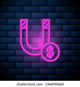 Lilac pink neon sign on brick wall Magnet attract money concept