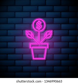 Lilac pink neon sign on brick wall Dollar plant vector icon sign symbol. Money tree