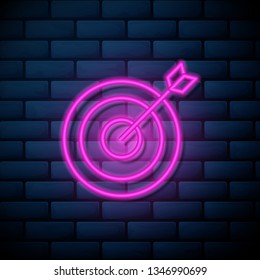 Lilac pink neon sign on brick wall Target vector icon. Dartboard illustration