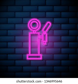 Lilac pink neon sign on brick wall Draft Beer Vector Icon. Bar concept