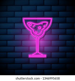 Lilac pink neon sign on brick wall Cocktail vector icon, alcohol symbol