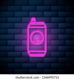 Lilac pink neon sign on brick wall Beer icon. Can of beer symbol for your web site design