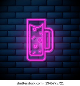 Lilac pink neon sign on brick wall Beer icon. Beer glass symbol for your web site design