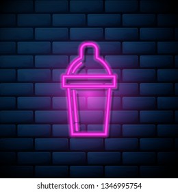 Lilac pink neon sign on brick wall Shaker icon - cocktail shaker illustration