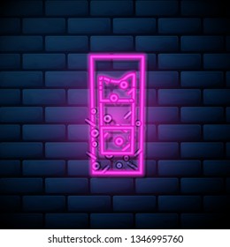 Lilac pink neon sign on brick wall Shot glass icon. Alcohol concept
