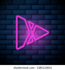 Lilac pink neon sign on brick wall Play market icon. Play sign