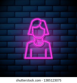 Lilac pink neon sign on brick wall Person icon. Social media icon
