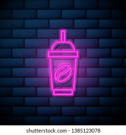 Lilac pink neon sign on brick wall Ice coffee vector illustration. Cold brew