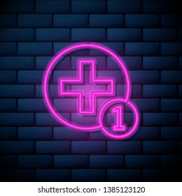Lilac pink neon sign on brick wall Add user sign icon. Add friend symbol