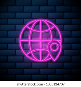 Lilac pink neon sign on brick wall Delivery point marker icon