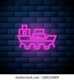 Lilac pink neon sign on brick wall Image of ship, boat icon