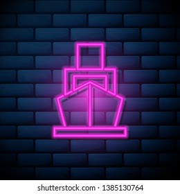 Lilac pink neon sign on brick wall Image of ship, boat icon