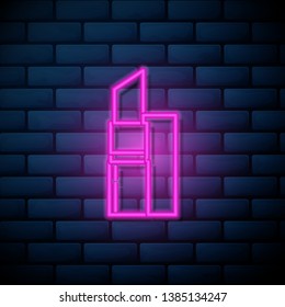 Lilac pink neon sign on brick wall Lipstick icon. Make up symbol