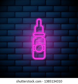 Lilac pink neon sign on brick wall Bottle for drops icon