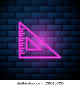 Lilac pink neon sign on brick wall Ruler icon. Triangle ruler simple illustration.