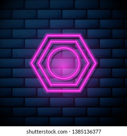 Lilac pink neon sign on brick wall Nut super icon. Screw symbol.