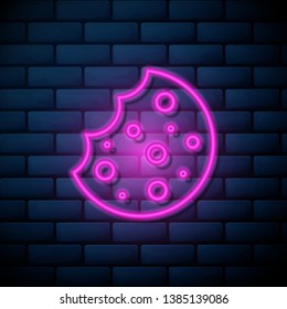 Lilac pink neon sign on brick wall Cookie icon. Biscuit cookie or biscotti vector icon