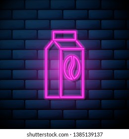 Lilac pink neon sign on brick wall Coffee package icon