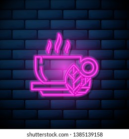 Lilac pink neon sign on brick wall Cup of Tea Vector Icon for mobile app, website or desktop app