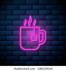 Lilac pink neon sign on brick wall Cup of Tea Vector Icon for mobile app, website or desktop app