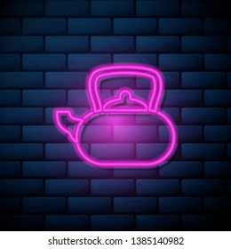 Lilac pink neon sign on brick wall Teapot icon. Drinks sign symbol