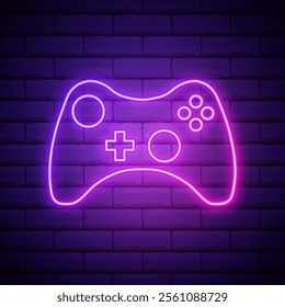 Lilac pink neon sign on brick wall Game joystick icon, game symbol