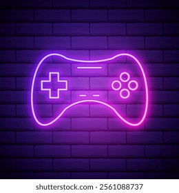 Lilac pink neon sign on brick wall Game joystick icon, game symbol