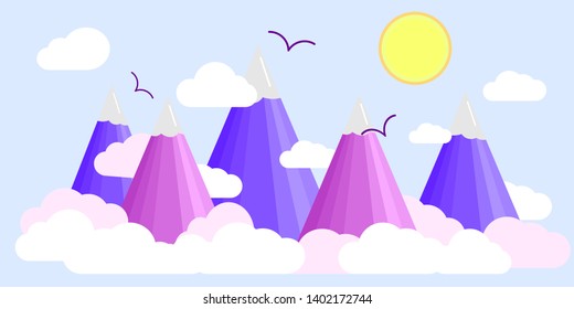 Lilac, pink, and purple mountain peaks with snow in the clouds, bright sun in a blue sky with birds