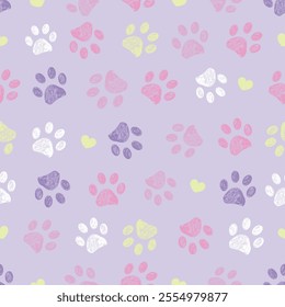 Lilac pink yellow doodle paw prints and hearts seamless fabric design pattern