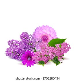 Lilac and pion low poly. Beautiful fragrant flowers. Wonderful Flowers. Elements for label design. Lilac and pion in triangulation technique.