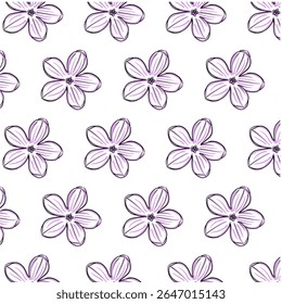 Lilac Purple flower Seamless Pattern Hand drawn vector line art, Black and Purple Flower isolated in white. Beautiful design for textile, wallpaper, wrapping paper and backgrounds