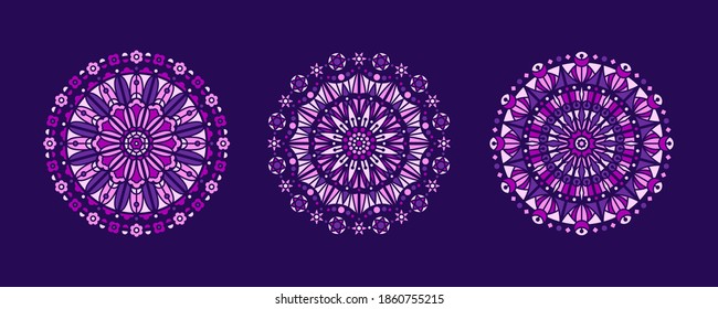 Lilac, Purple, Pink Mandala Stained Glass Illustrations Collection. Circle Shape, Stylized Rose Window Vector Ornament, Mosaic Decoration. Round Frames, Radial Floral Motive Design Elements Set.