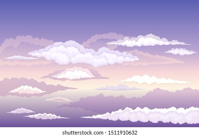 Lilac with purple sky and clouds. Vector illustration.