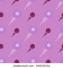 Lilac and purple tones seamless pattern with hand drawn botanic folk flowers ornament. Botanic backdrop. Designed for fabric design, textile print, wrapping, cover. Vector illustration.