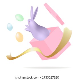 A lilac rabbit jumps out of a pink box, eggs are blue, green and yellow, a gold ribbon. Vector illustration.