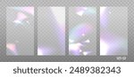 Lilac Rainbow overlays set with light prism effect, transparent background. Hologram reflection, crystal flare leak shadow overlay. Vector 16x9 buckhounds