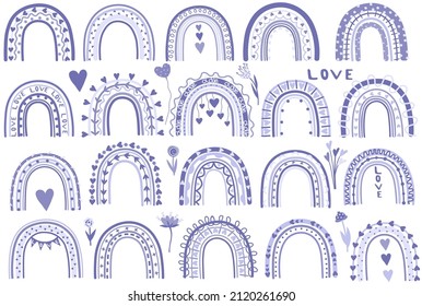Lilac rainbows in boho style. There are hearts, flowers, balloons. The concept of wedding and Valentine's day. Set of rainbows for banners, cards, posters. Purple, lilac trend colors. Vector