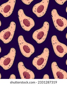 LILAC RETRO VECTOR SEAMLESS BACKGROUND WITH AVOCADO SLICES IN POP ART STYLE